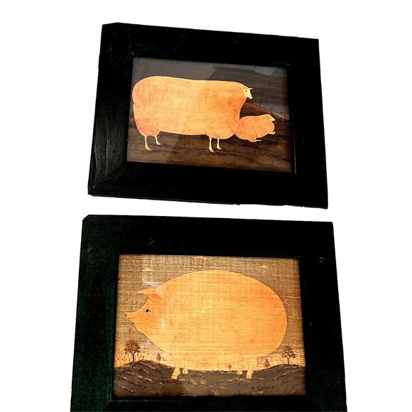 Set / 3 Warren Kimble Framed Folk Art Animal Print Country Style Kitchen Wall - Picture 4 of 6